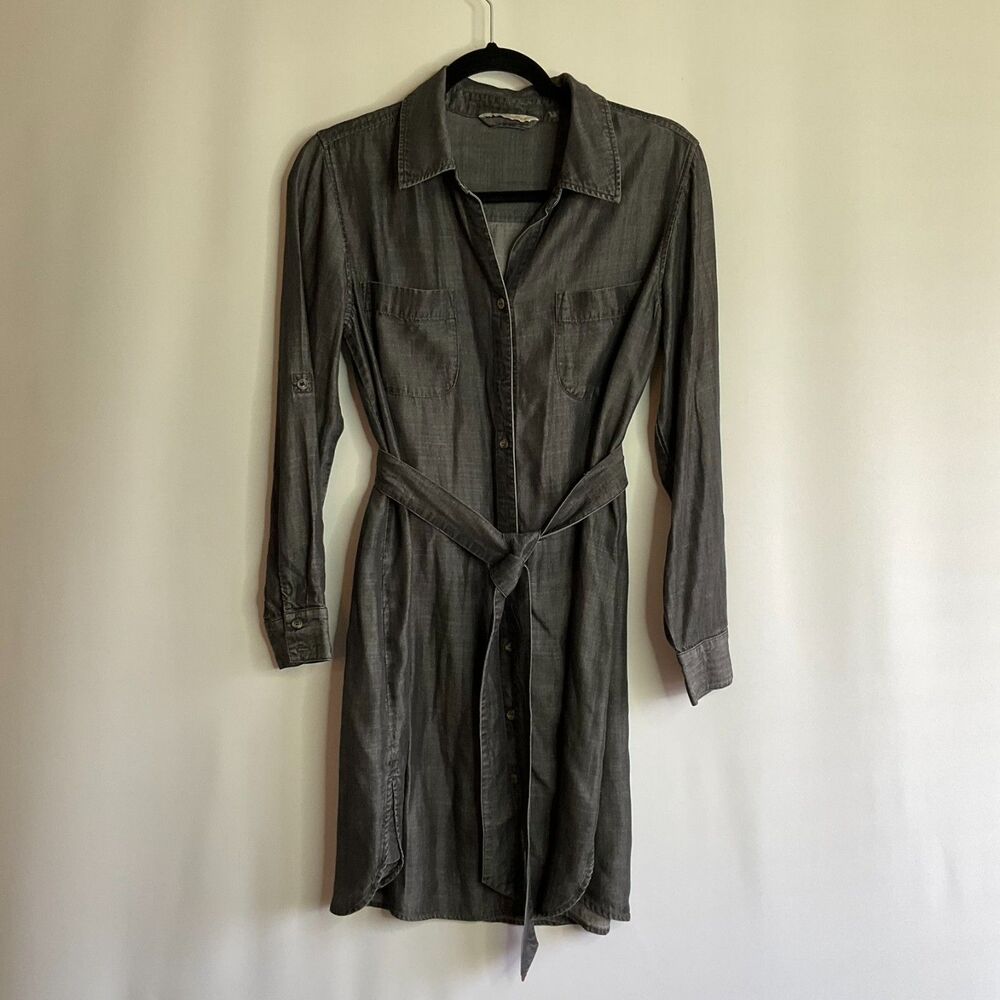 Soft Surroundings Chambray Button Up Shirt Dress Belted Tab Roll Sleeve Size PS